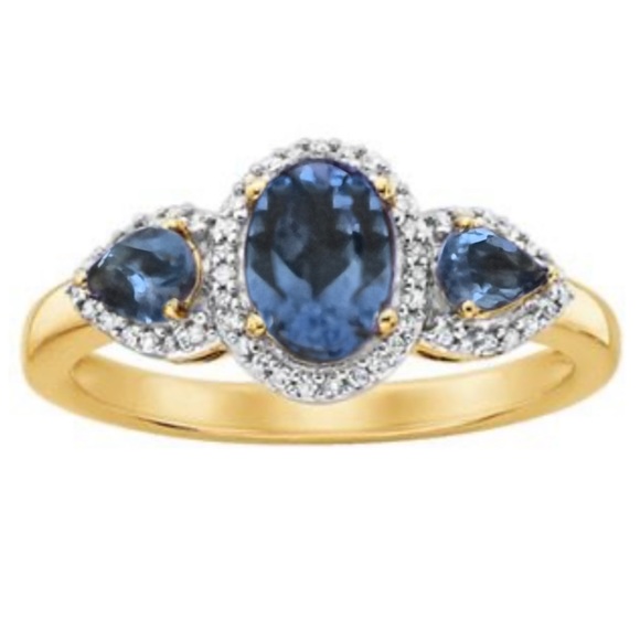 TANZANITE • Three Stone Gold Ring Crystal Diamond - Picture 1 of 3